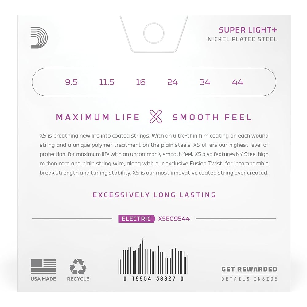 D'Addario Daddario Electric Guitar Strings XS Coated Strings Nickel Super Light Plus .0095-.044 X...