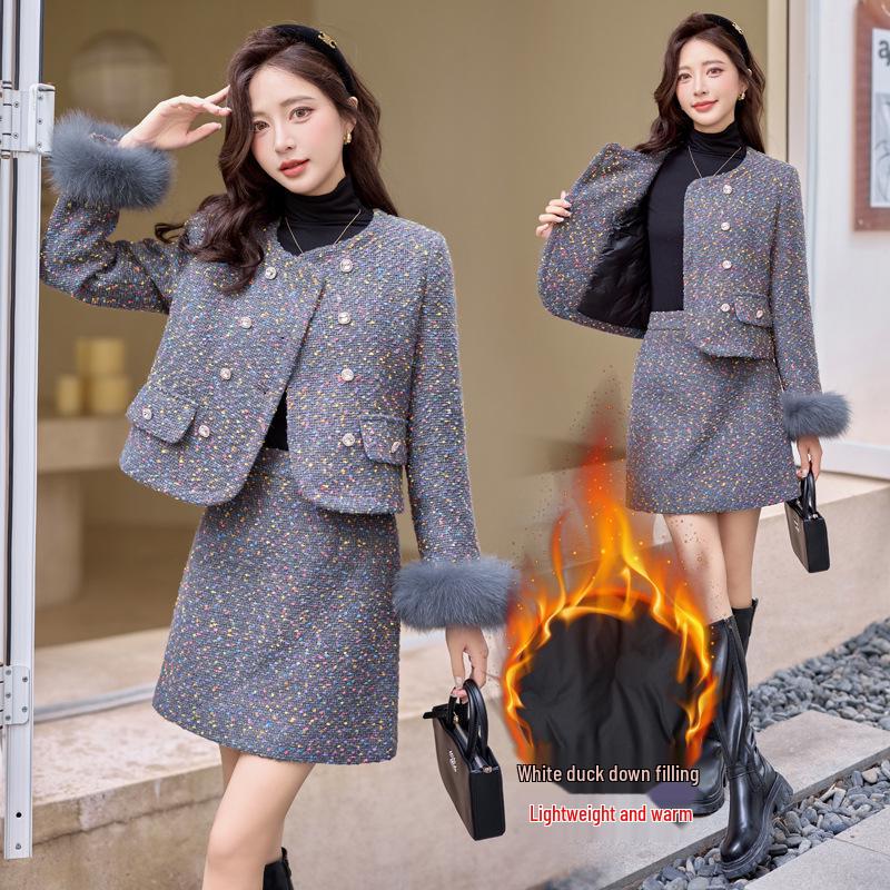 Stylish Winter Fox Fur Down Jacket & Slimming Skirt Set (YJ6819)