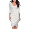 Women's V Neck 3/4 Sleeve Sheath Dress Elegant Ruched Wrap Bodycon Midi Dress For Office Party Cocktail