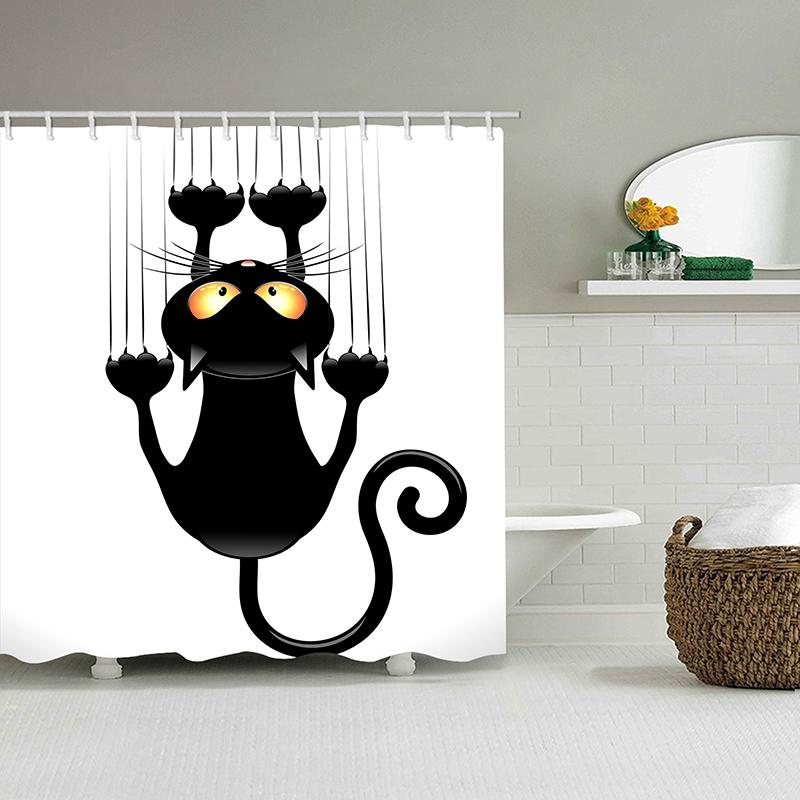 Cartoon Small Black Cat Bath Print Waterproof Bath Curtain