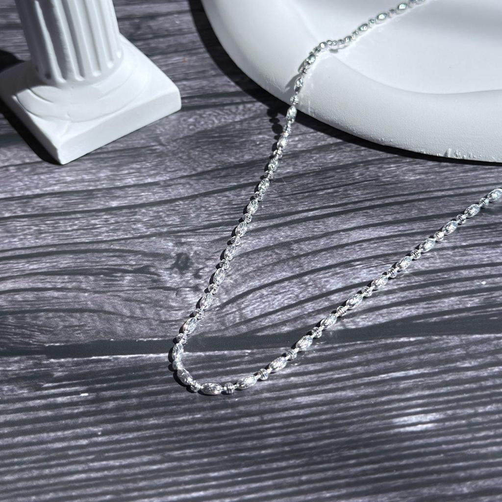 S925 Sterling Silver Women's Carved Knife Bead Necklace - Shiny Round Bead Chain, High-End Long Sweater Chain for Autumn/Winter