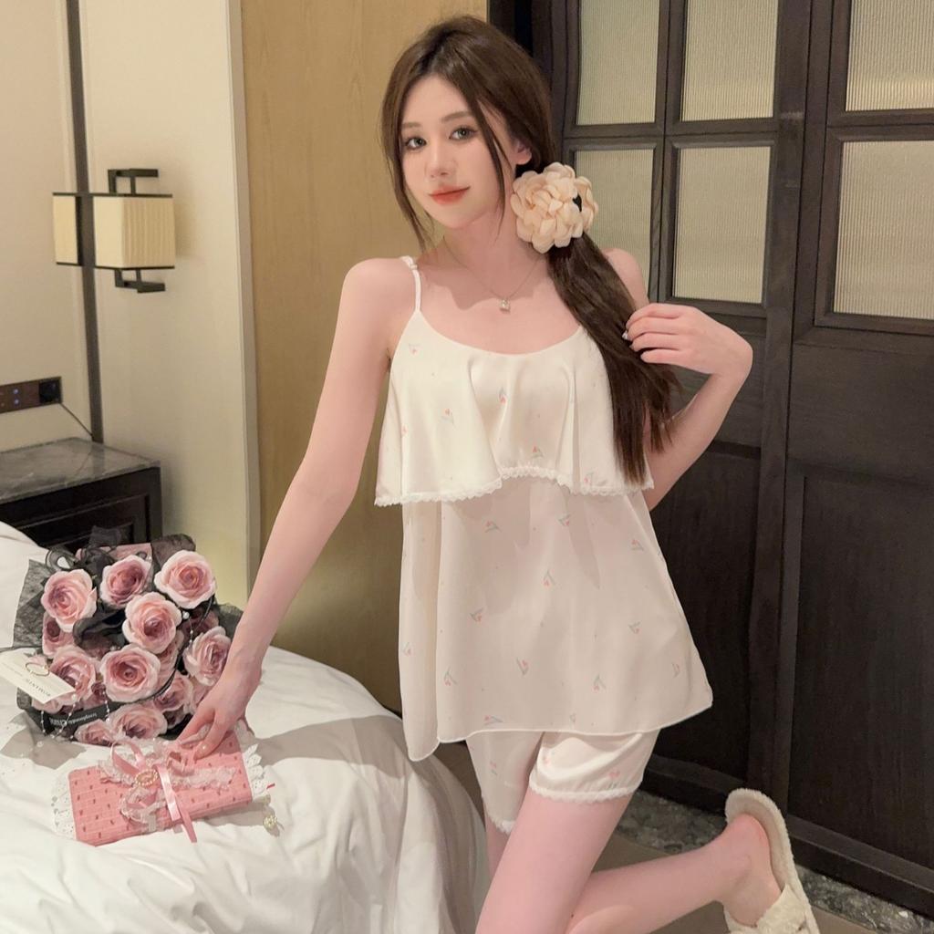 New sexy pajamas women's ice silk summer girl pure desire printing suspender nightdress loungewear can be worn outside