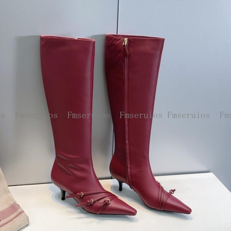 

Women Knee High Boots Fashion Simple Genuine Leather Pointed Toe Low Heel Zip Buckle Strap Stylish Shoes Elegant Quality Boots 35