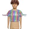 Unisex Shiny Sequin Plaid Off-Shoulder Crop Top (Short Sleeve) for Performances