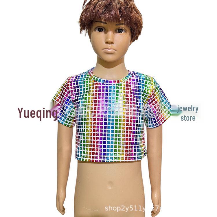 Unisex Shiny Sequin Plaid Off-Shoulder Crop Top (Short Sleeve) for Performances