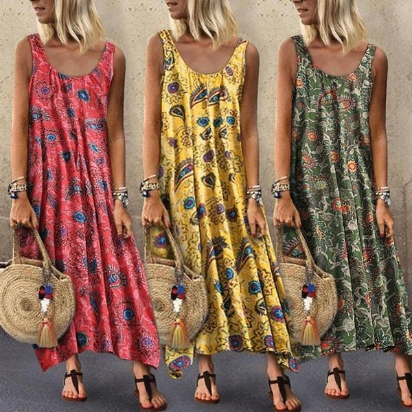 Women Summer Off Sholuder Round Neck Printed Big Swing Loose Casual Holiday Beach Long Dress