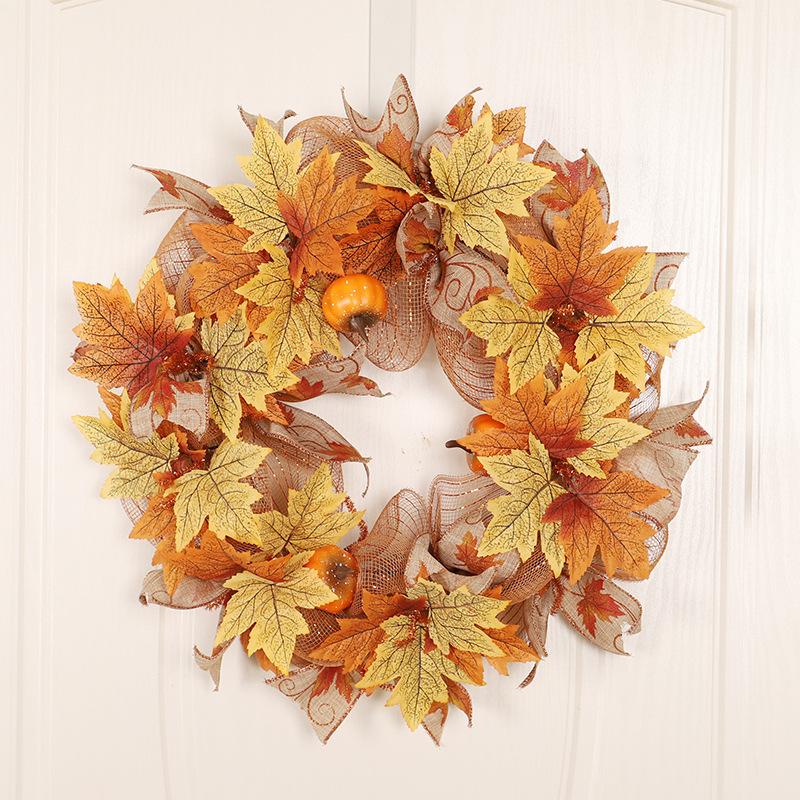 40cm Thanksgiving Pumpkin Wreath with Dual Tone Maple Leaves and Decorative Mesh for Seasonal Home Wall Door Decoration
