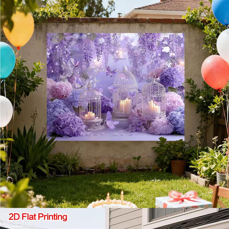 2D Purple Romantic Floral Backdrop, Wisteria & Birdcage Banner, Bridal Shower Party Decor