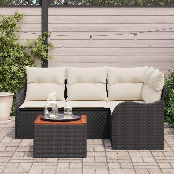 Set de Canapé de Jardin vidaXL 5 Pièces avec Coussins Rattan Poly Noir Acacia, Canapé de Jardin 2 Places vidaXL avec 3347446