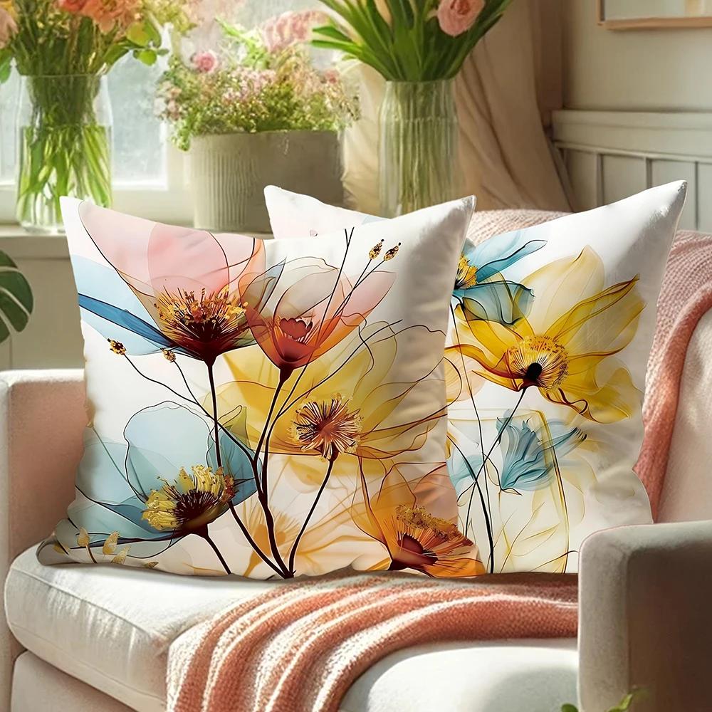 Spring Watercolor Yellow Blue Pink Flowers Pillowcase Bedroom Sofa Decorative Cushion Cover With Zipper Soft Cushion Cover