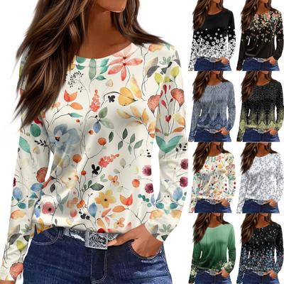 Women's Fashion Casual Slit Hem Round Neck Long Sleeve Loose Printed T-Shirt Ladies Top