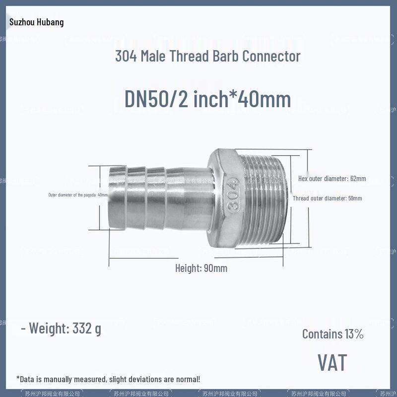 1" Hexagonal Barb Connector, 304 Stainless Steel for Water Pipe Hose, 316 Male Thread Plug