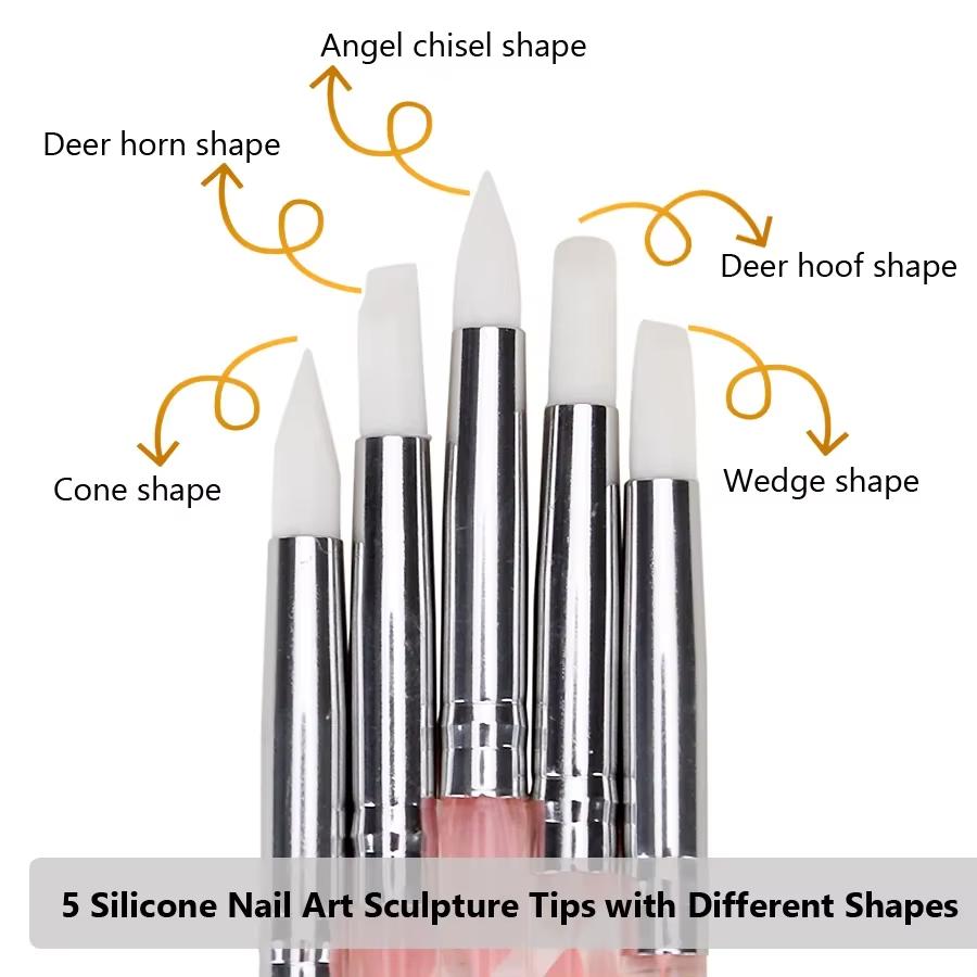 5Pcs 2 Way Nail Art Acrylic Silicone Point Flower Nail Pen Stainless Steel Dotting Tools Marbleizing Painting Pens