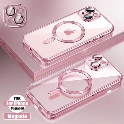 Transparente Beschichtung Ultradünne Silikonhülle für iPhone 16 15 14 13 12 11 Pro Max 16 Plus Magsafe Magnetischer Objektivfilmschutzhülle Rosa