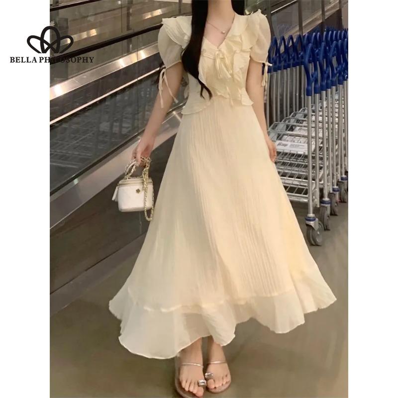 Letní nové volánové šaty s výstřihem do V Jemné elegantní jednobarevné šaty s krátkým rukávem, dlouhým rukávem