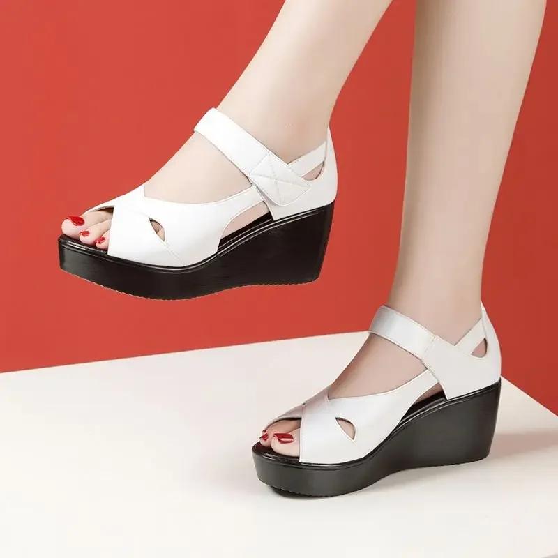 

6см Маленький размер 32-43 Удобная обувь из натуральной кожи Сандалии на среднем каблуке 2025 Женские сандалии на платформе и танкетке Офис Мама Повседневные 43