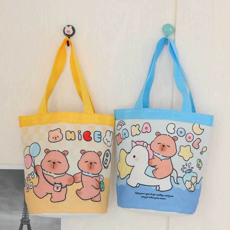 1Pc Large Capacity Capybara Canvas Bags Cartoon Patterns Lightweight Student Document Bag Shopping Bag Cute Casual Handbag