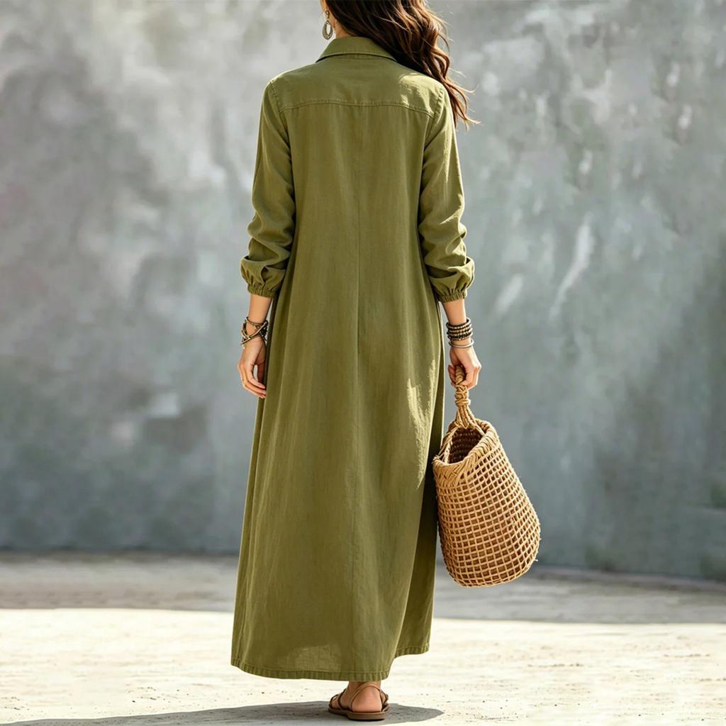 Women's Color Long Shirt Dress with Turn-Down Collar and Single-Breasted Button Front for Casual Wear
