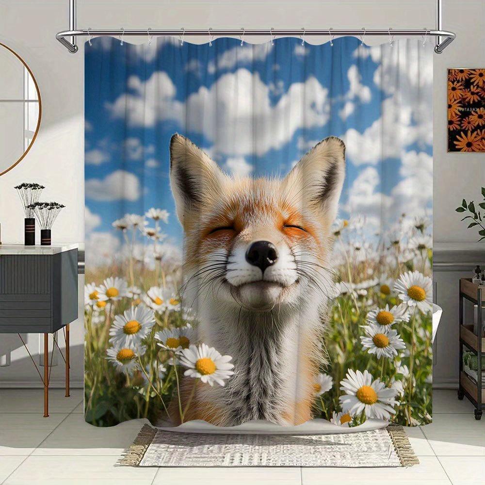 1pc Fox Sleeping in Daisies Shower Curtain - Whimsical Fox in Blue Sky & White Clouds Design, Machine Washable Polyester Bathroo