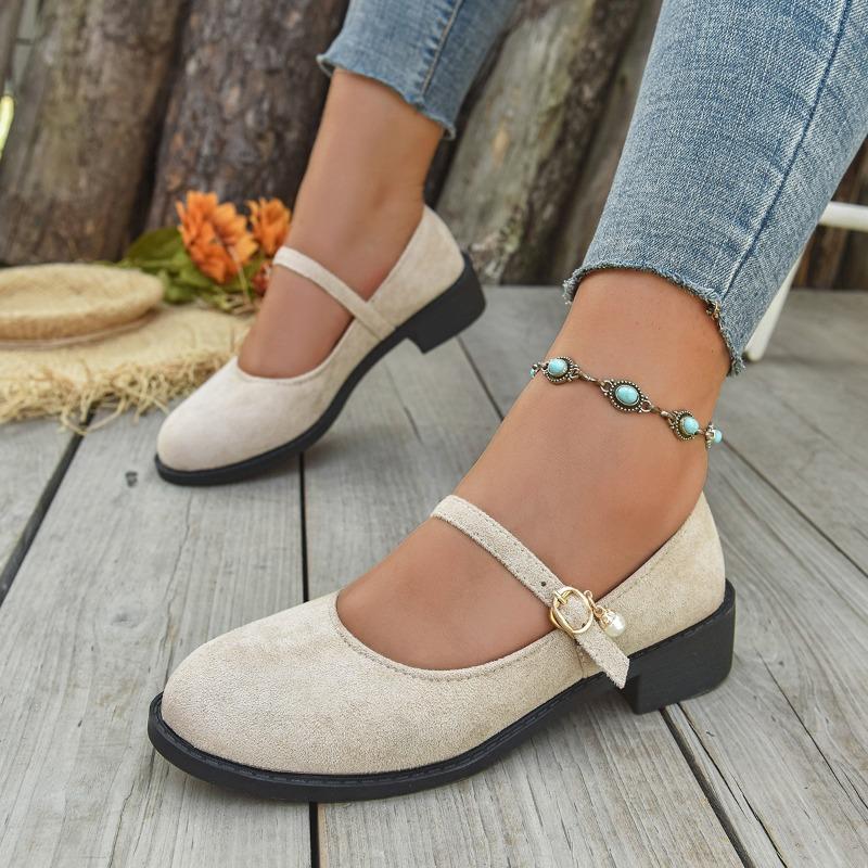Women Chunky Low Heel Shoes Comfortable Walking Cute Flat Soled Ballerina Shoes Versatile Solid Color Casual Outwear