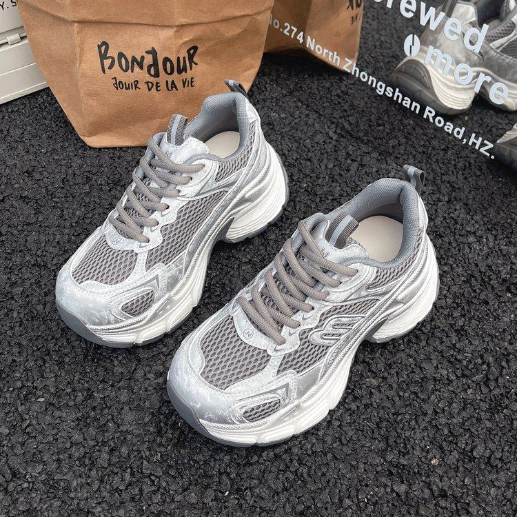 European Gray Popular Thick-soled Heightening Dad Shoes for Women 2025 Autumn New Mesh Breathable Fashion Casual Shoes Tide