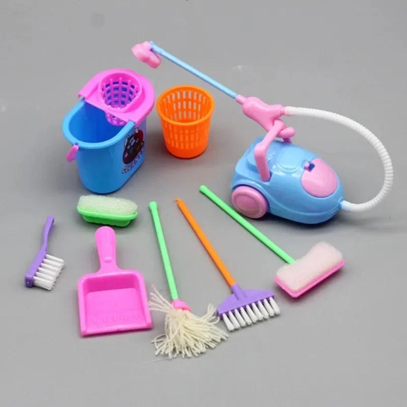 9-delige Mini Schoonmaakspeelgoed Set - Poppenhuis Bezem, Dweil & Emmer Accessoires voor Kinderen, Poppenmeubels Huishoudelijke Speel