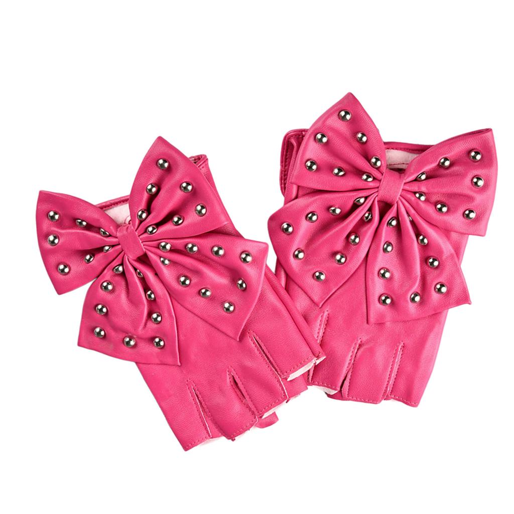 Women Bowknot Rivet Half Finger Gloves PU Leather Gloves For Nightclub Hiphop Dancing Wear And Stage Performances