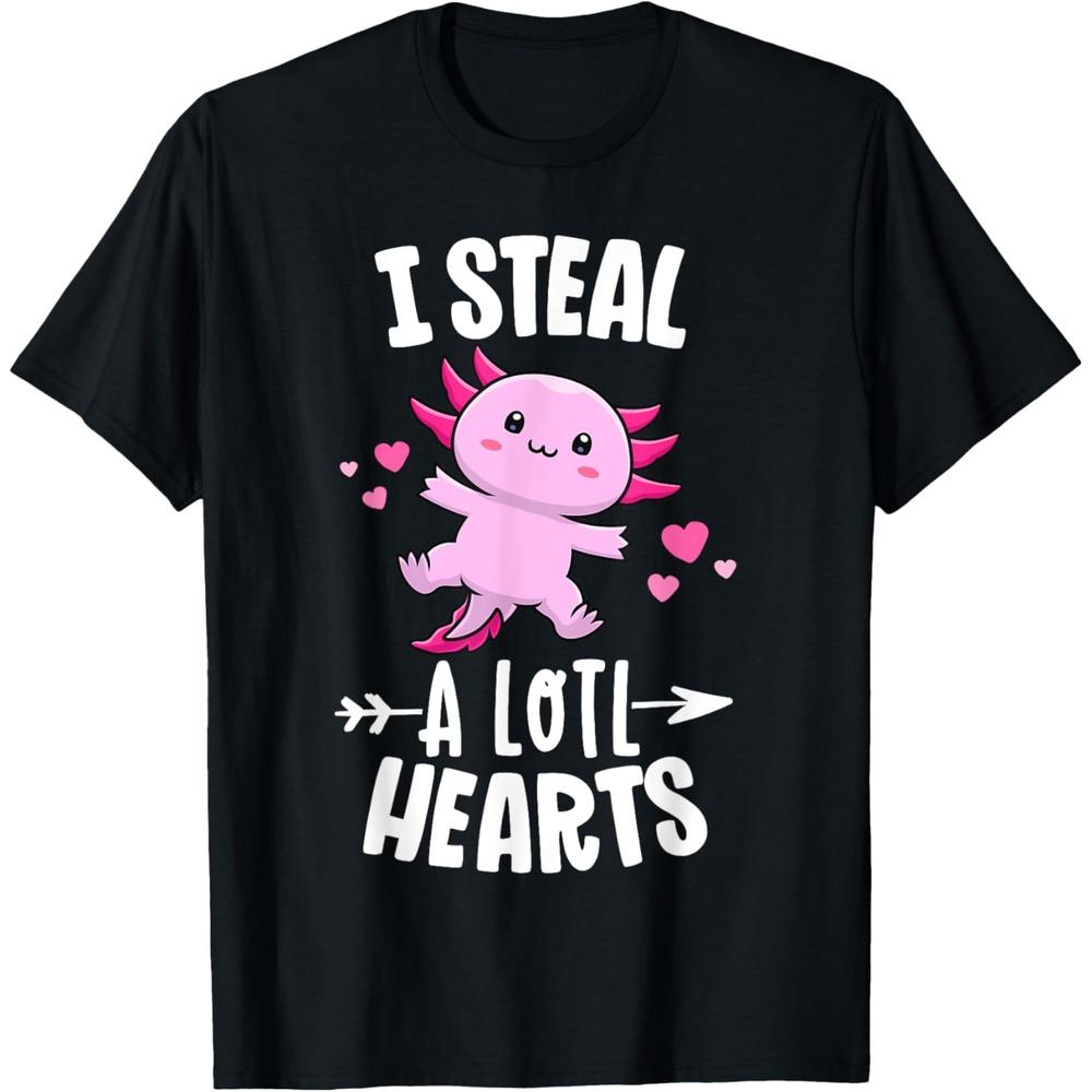 Funny Valentines Day Kawaii Axolotl Lover Anime Steal Hearts Cotton Men T Shirt XXL чёрный