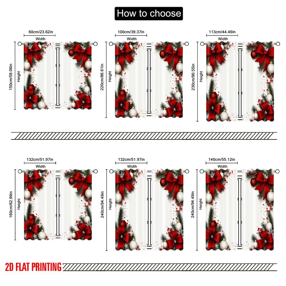 2pcs,2D Plane Printing Popular Curtain Panels Christmas Baubles Pine Branches Red Bows (2) Durable Polyester (without Rod)
