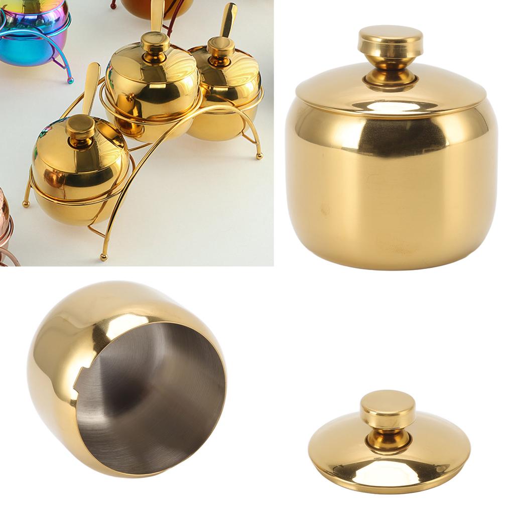 Stainless Steel Gold Seasoning Condiment Pot Spice Salt Sugar Pepper Container Jar Storage   with Lid