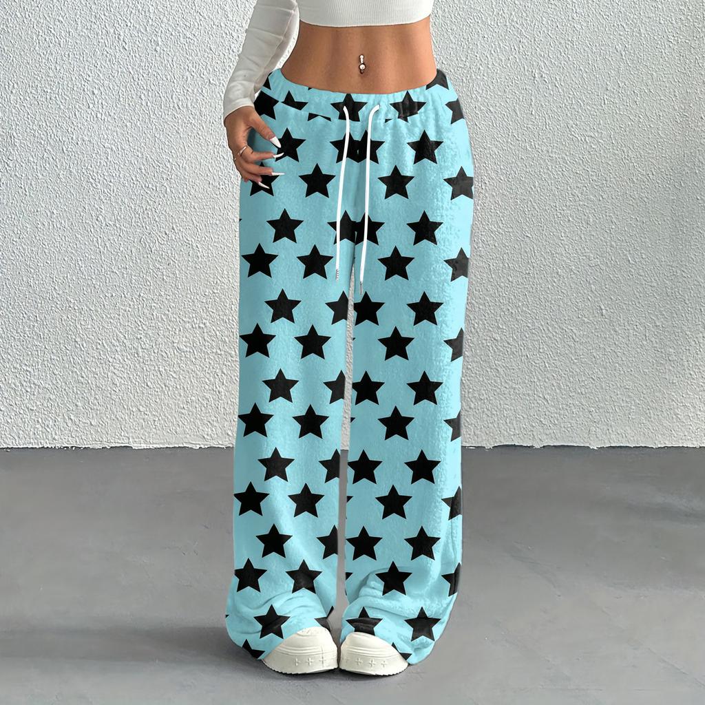 Women's Casual Fashion Printed Elastic Waist Loose Straight Leg Pants With Rope