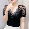 Summer New Mesh T-shirt Shiny Hot Diamonds Tees Sexy V-neck Short Sleeve Women's Tops Fashion Classic Girl Streetwear Blouse