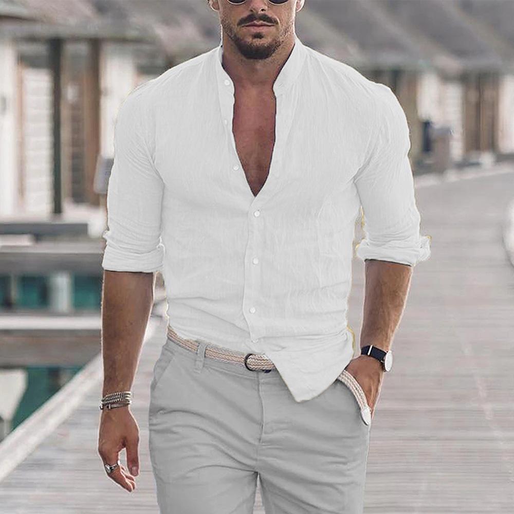 

Мужские рубашки из хлопка и льна с воротником Madarin, однотонные, с длинным рукавом, свободный топ, весна-осень, повседневная рубашка с длинным рукавом XXL белый