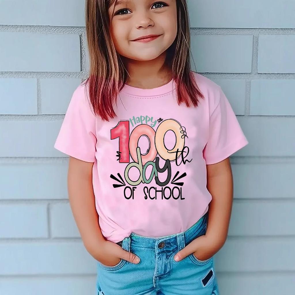 Girls' Leisure 100DAY Letter Pattern T-shirt - Summer Children's Fashion Short-Sleeved T-shirt