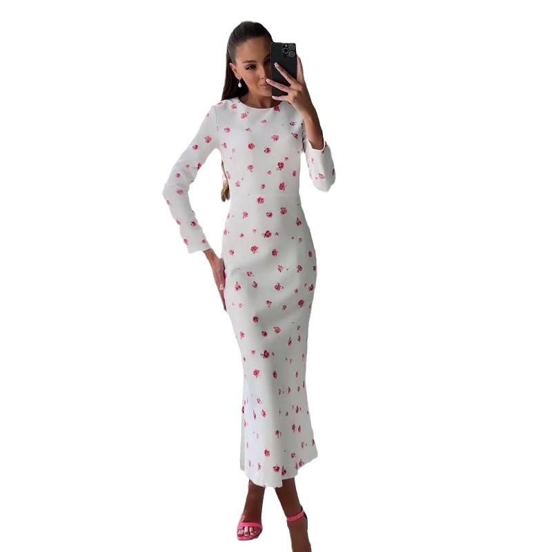 2024 Autumn Women's Round Neck Print Slim Long Sleeve Bodycon Dress.