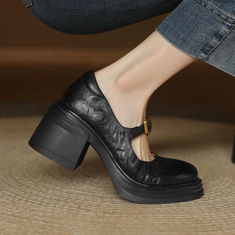 2025 New Four Seasons Women's Shoes Soft Leather Round Head Retro Style High Heels One-word Buckle with Thick Sole Mary Jane Single Shoes Women