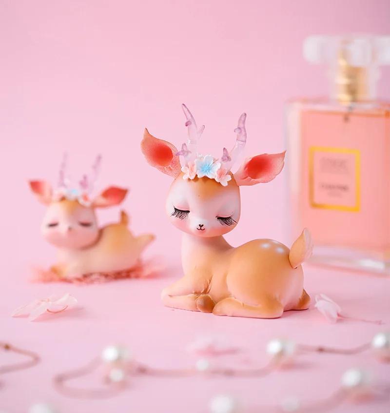 New Forest Style Pink Resin Deer Artificial Flowers Iron Acrylic Cake Toppers For Happy Birthday Party Decoration Baking Suplies