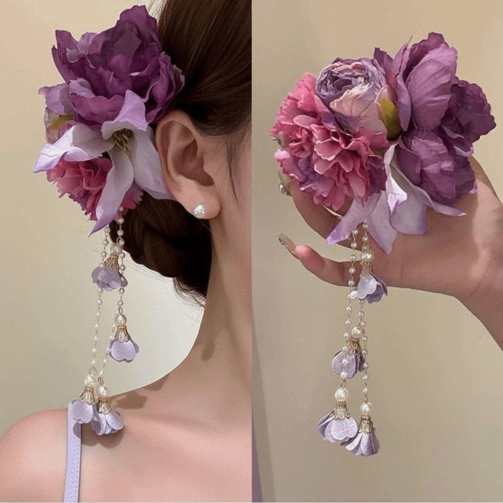 Elegant Design Flower Hairpin Pink Floral Headdress Tassel Hanfu Hair Accessories  Party Wear