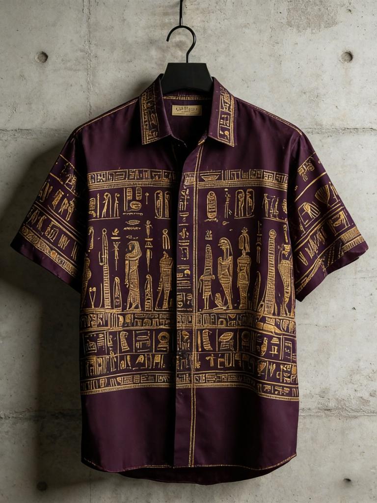 Vintage Egyptian Style Short Sleeved Floral Shirt Men's Loose Fitting Shirt Summer Lightweight Top