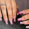 24Pcs Pink French Leopard Hello Kitty False Nails 3D Y2k Star Heart Kitty Cat Rhinestones Press On Nails Cute Cartoon Fake Nails