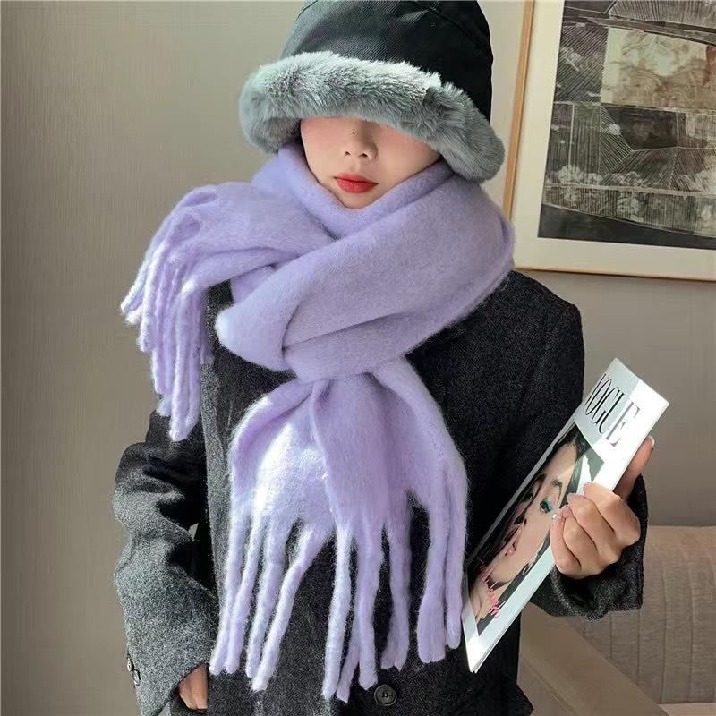 New Mohair Women Scarf Female Winter Warm Thickened Solid Color Long Scarves Soft Coarse Braid Tassel Shawl Viscose Wrap Shawls