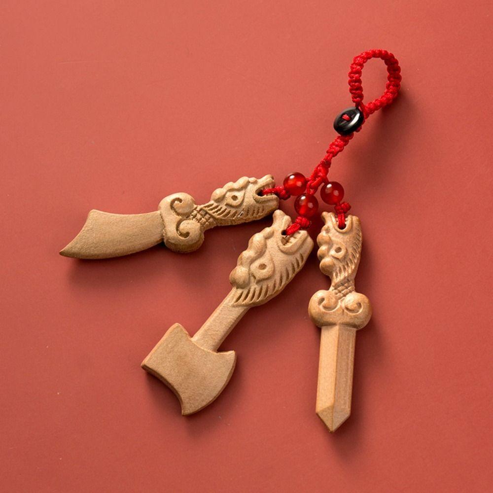 Wood Carving Car Key Chain Peach Twig Bag Decoration Cartoon Peach Wood Key Chain  Accessories