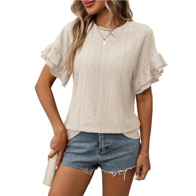 Summer New Solid Color Round Neck Lotus Leaf Sleeve Short Sleeved T-shirt Top