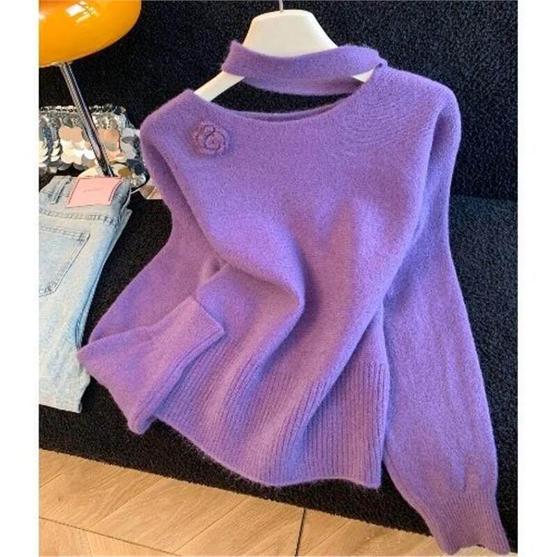 3D Floral Halterneck Sweater - Women's Autumn/Winter 2026 Collection: French Style, Loose Knitwear