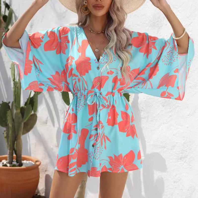 GMXIA Women's Fashion Summer Spring Floral Print Short Sleeve V-Neck High Waist Casual Dresses