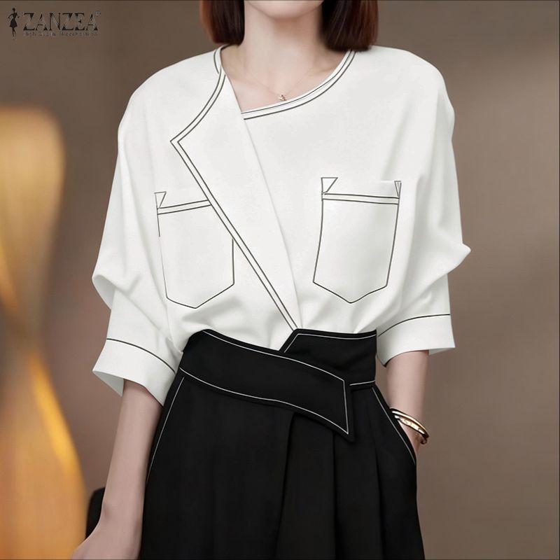 ZANZEA Women Casual Round Neck Loose Half Sleeve Blouse