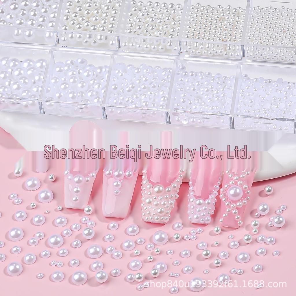 12 Grids Nail Art Decorations: Glossy Mixed Sizes 3D Pure White Semi-Circular & Full Circle Pearl Accessories