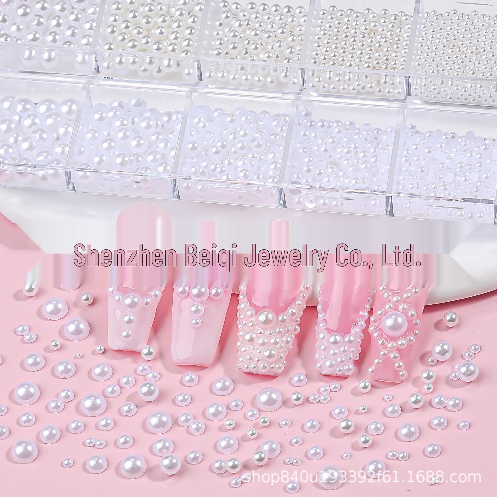 12 Grids Nail Art Decorations: Glossy Mixed Sizes 3D Pure White Semi-Circular & Full Circle Pearl Accessories