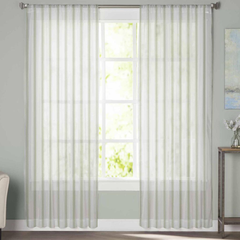 Striped Sage Green Sheer Curtains for Kids Bedroom Living Room Voile Window Curtains Tulle Drapes