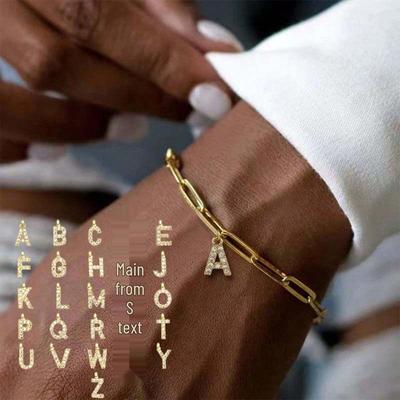 European & American Fashion 26-Letter Pendant Bracelet: Cubic Zirconia Micro-Paved Paperclip Chain, Elegant Women's Accessory.